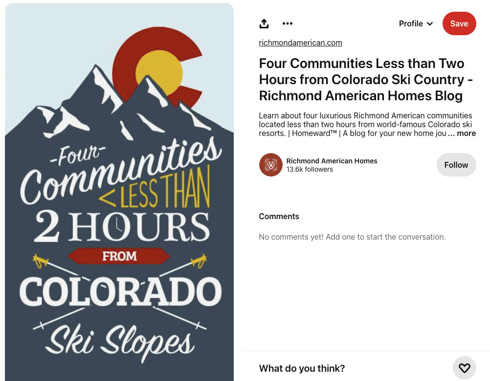 Pinterest Pin from Richmond American featuring four communities less than two hours from Colorado ski slopes.